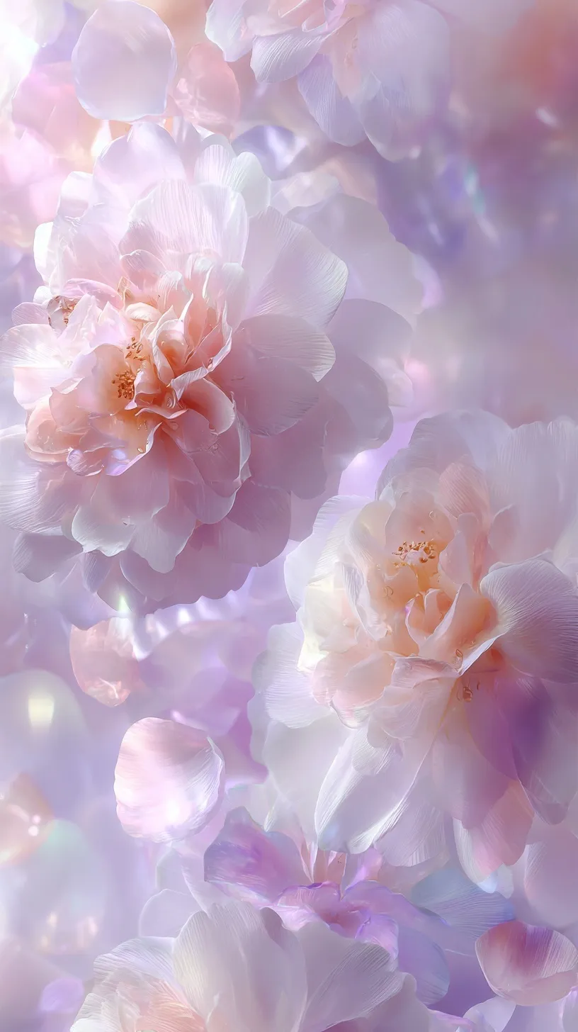 Floating pastel roses and abstract flower petals in a soft, dreamy, milky-white ethereal atmosphere.
