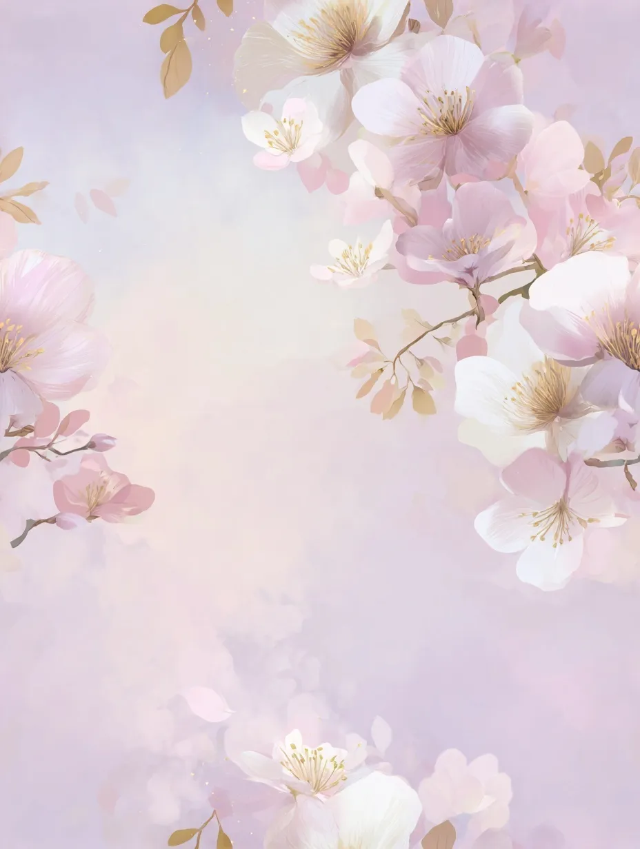 Watercolor pastel flower wallpaper with delicate floral corners and empty space for text on a soft airy background.