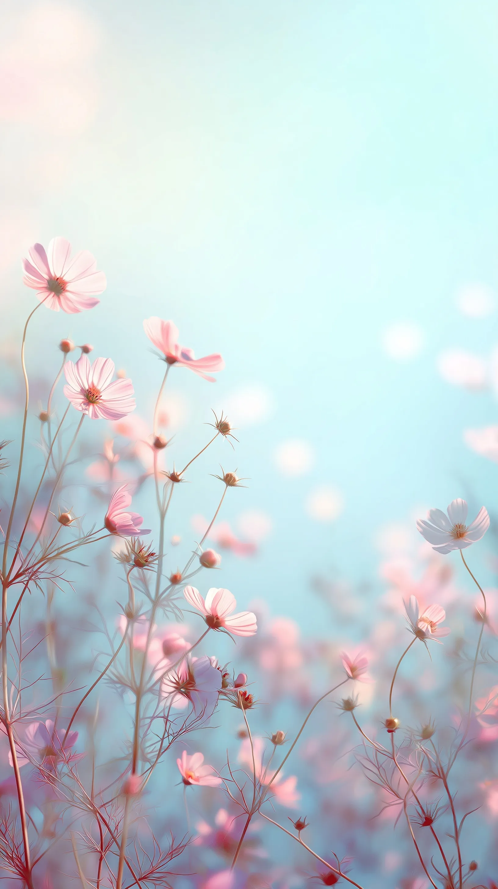 Minimalist pastel floral background with pink cosmos flowers, dreamy sky-blue gradient, and ample negative space.