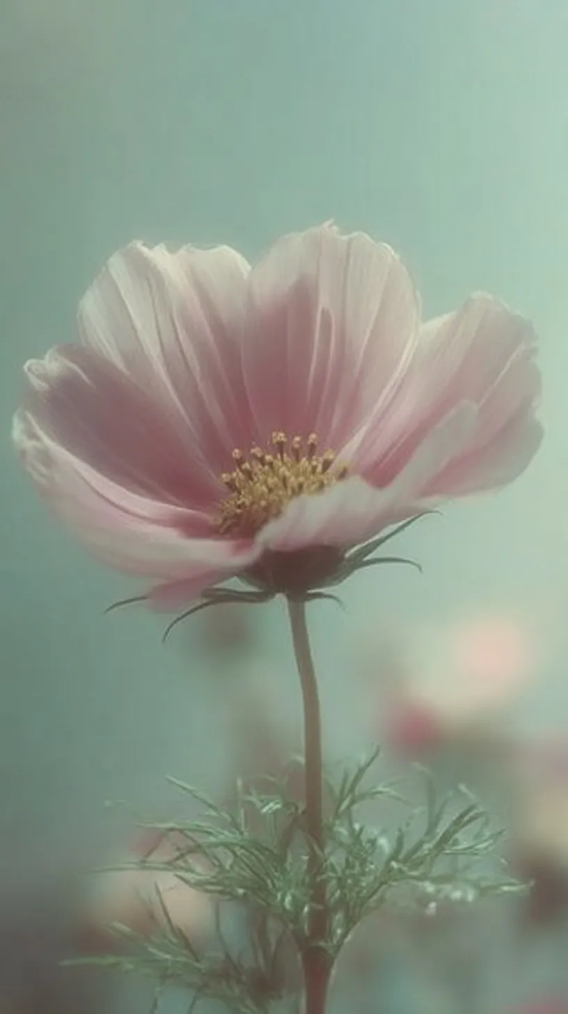 A single pink flower with green leaves centered on a clean white background, soft lighting, minimal style.