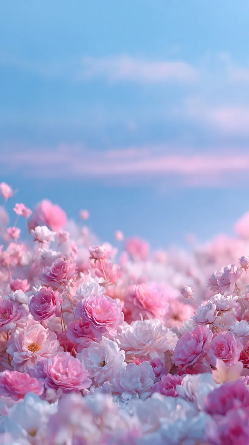 A dreamy pastel flower wallpaper with soft pink and white blossoms in a surreal, minimalist bright aesthetic.