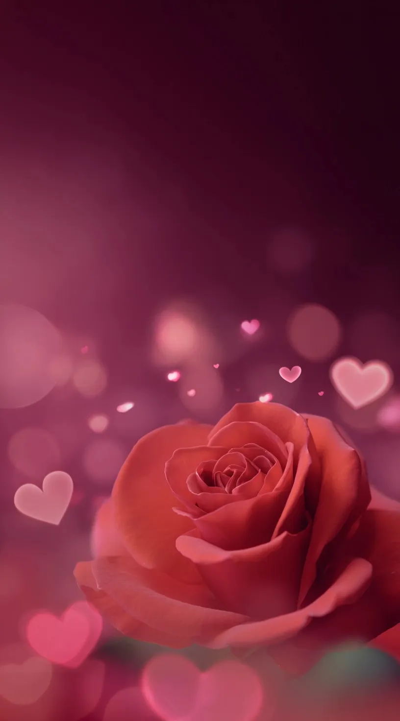 A realistic red rose surrounded by glowing hearts in a soft pink, romantic 4K digital art style wallpaper.