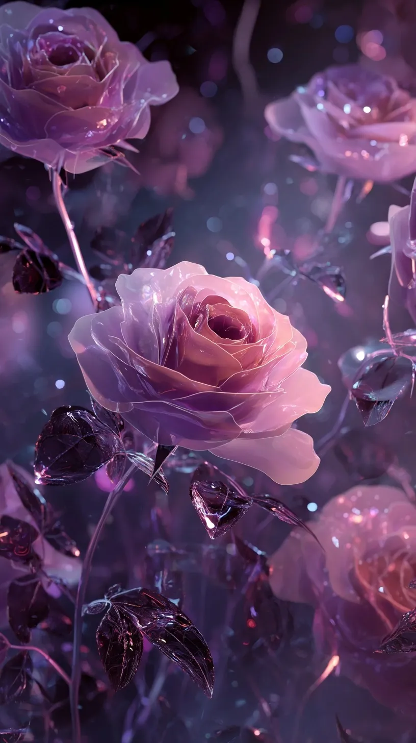Surreal 4K pink rose mobile wallpaper featuring spectral light reflections and magical, transparent metallic armor.