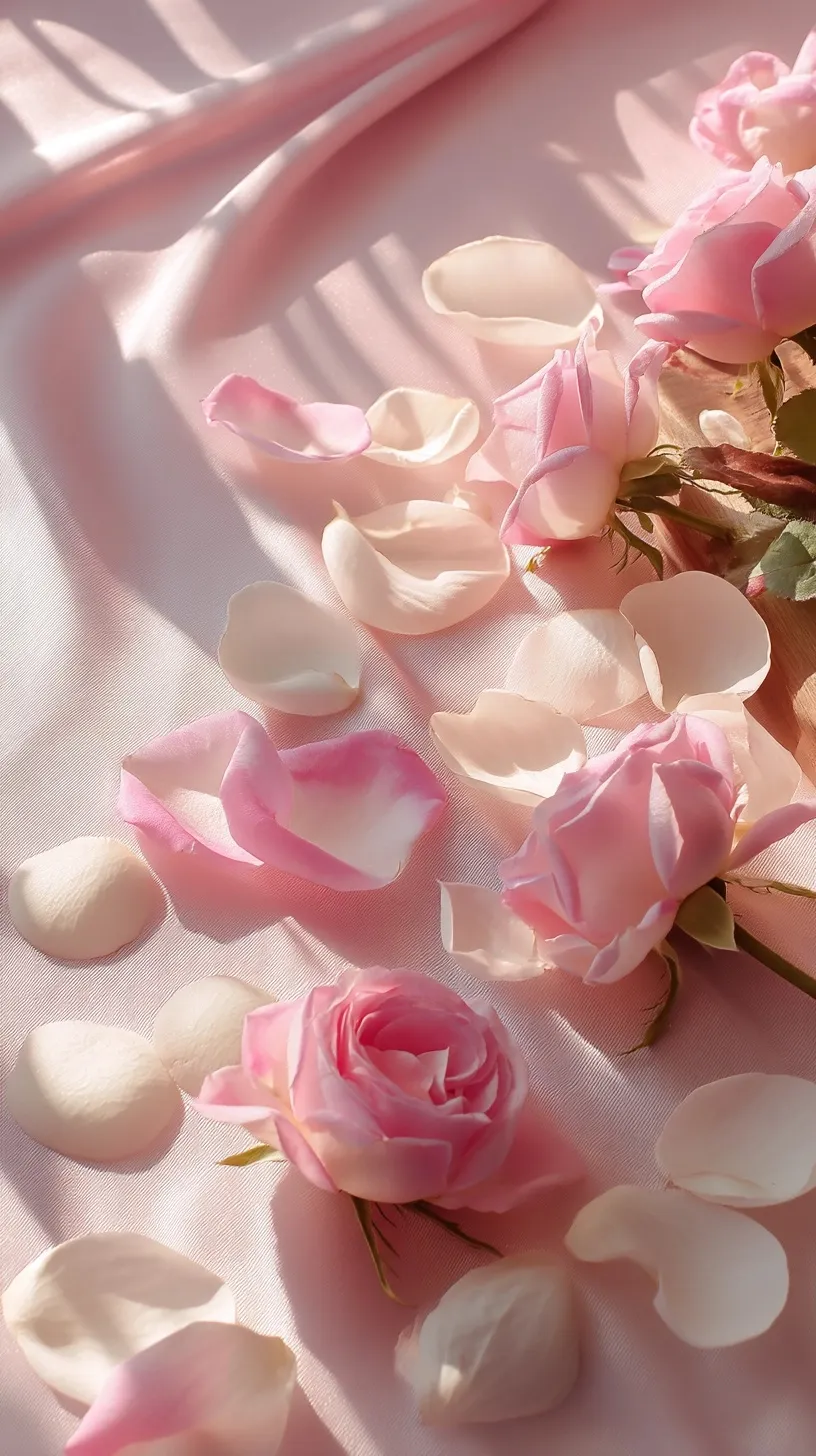 Pink rose petals on soft silk fabric with elegant lighting, high-definition floral 4K mobile wallpaper background.