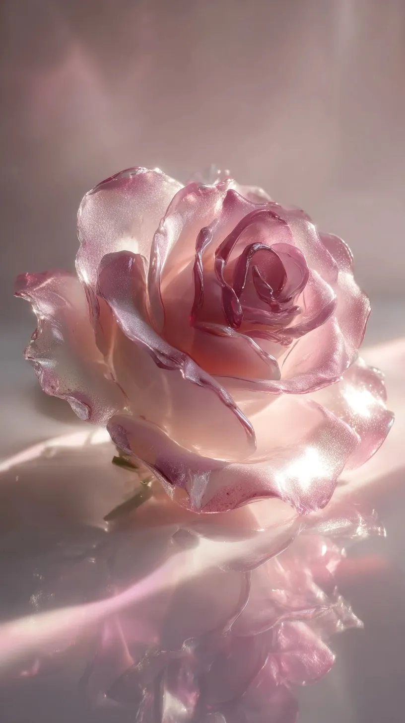 A hyper-realistic 4K pink glass rose on a white background with soft, ethereal glowing light.