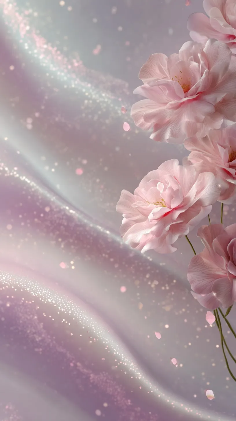 Pink rose bouquet on a frosted gradient background with translucent waves and soft glowing ambient light.