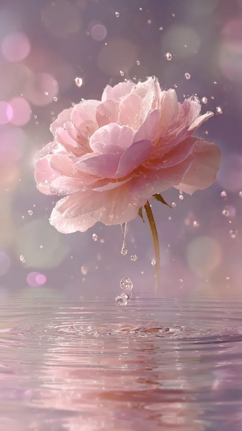 A delicate pink rose dropping dew into calm, reflective water with gentle ripples and dreamy pastel light.