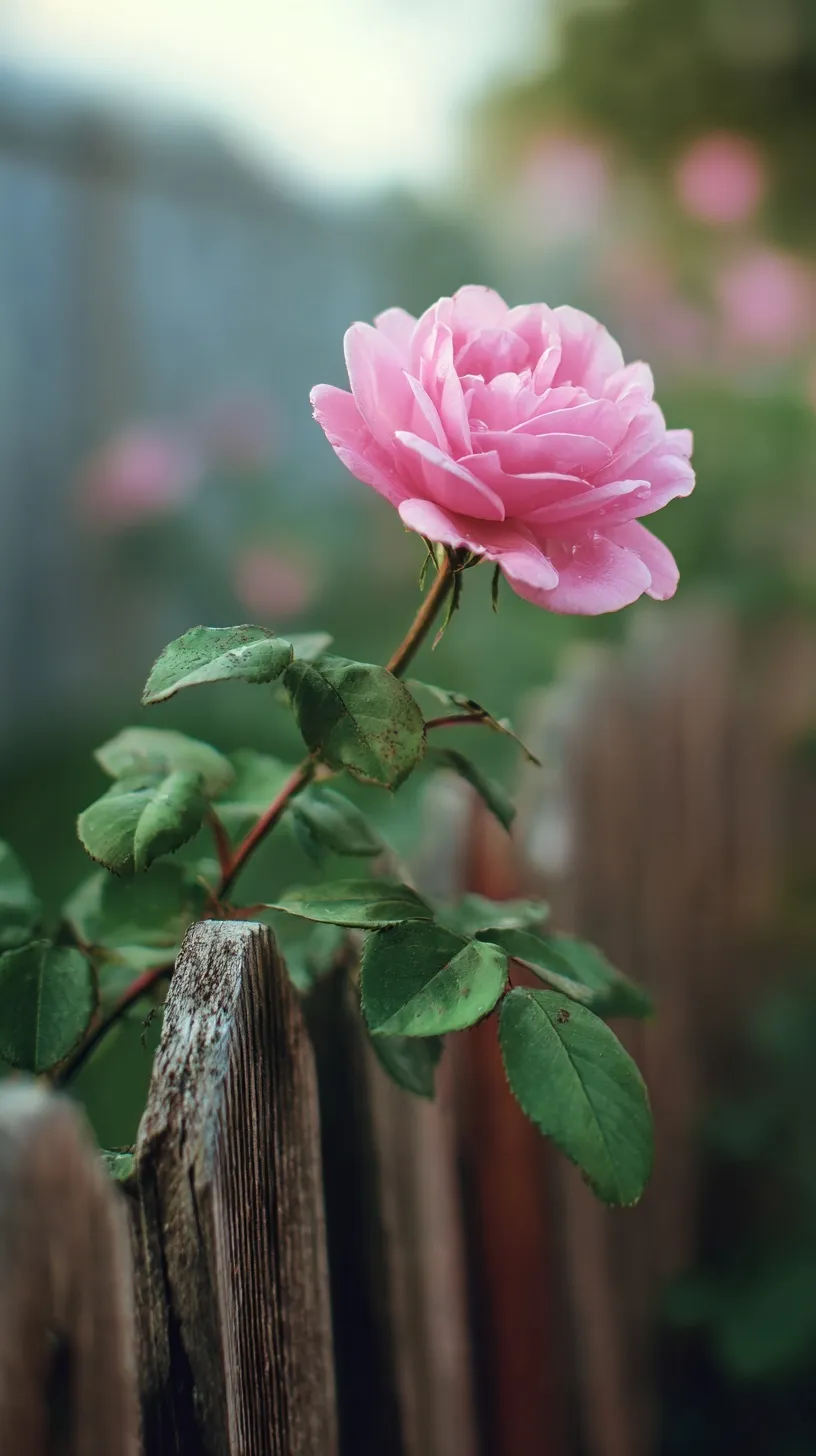 A beautiful pink rose blooming on a rustic wooden fence with soft-focus bokeh, 4K mobile wallpaper style.