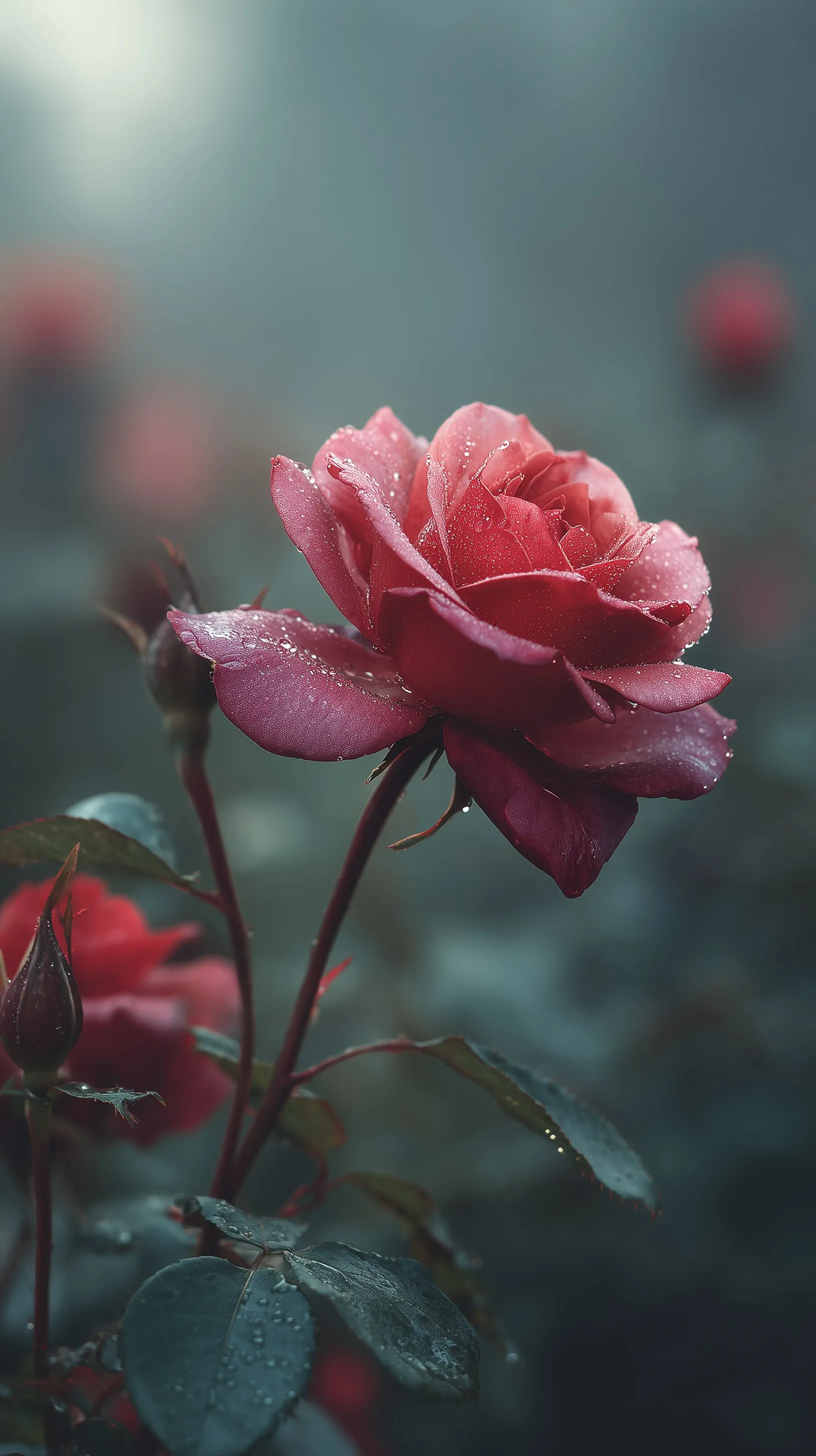 A 4K pink rose mobile wallpaper with dew drops on velvety petals against a misty gray, bokeh-filled background.