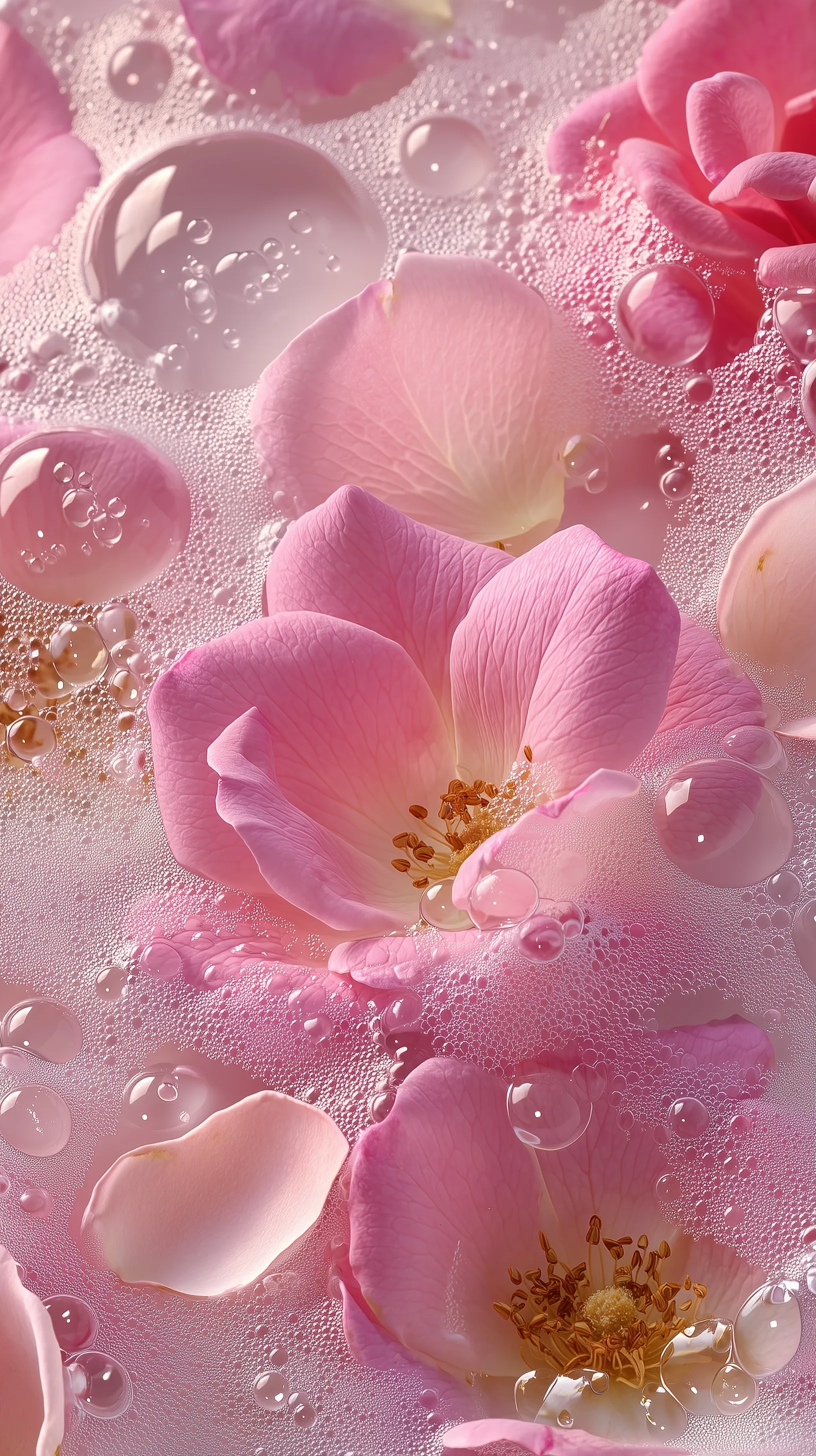Pink rose petals and blossoms floating in luxurious white cosmetic foam with shimmering water drops, 4K wallpaper.