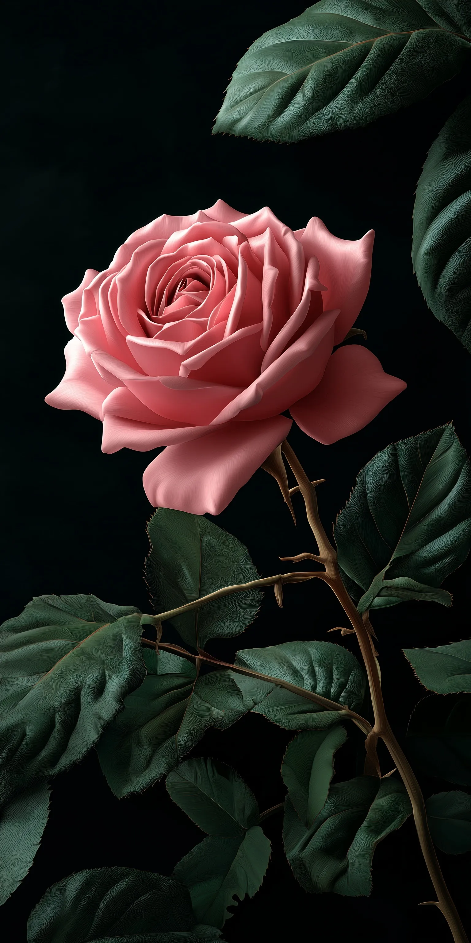 A beautiful pink rose laying on a solid black background, high-resolution 4K mobile wallpaper.