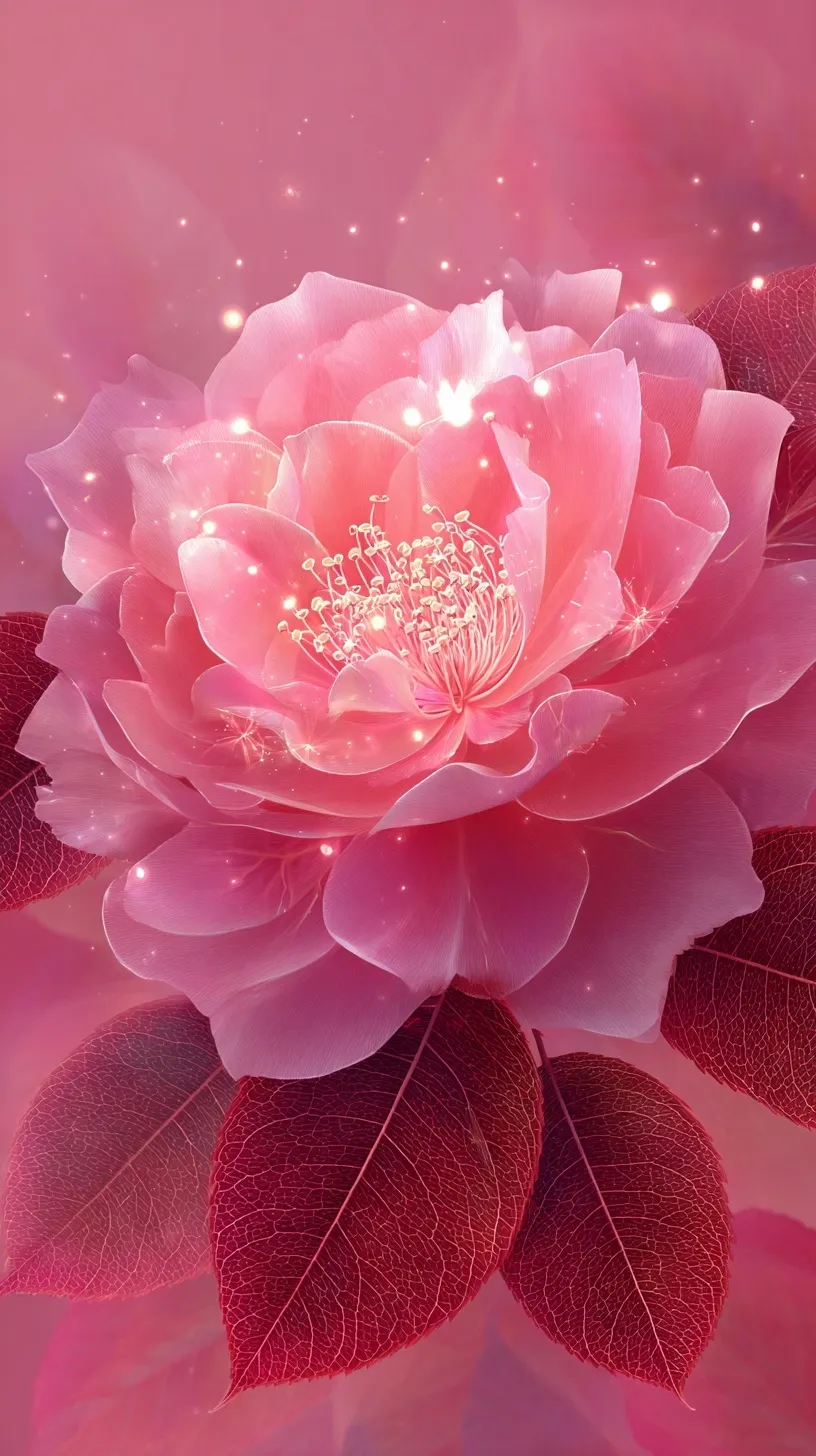 A 4K pink rose mobile wallpaper featuring glowing petals with light effects and deep red luminous leaves.