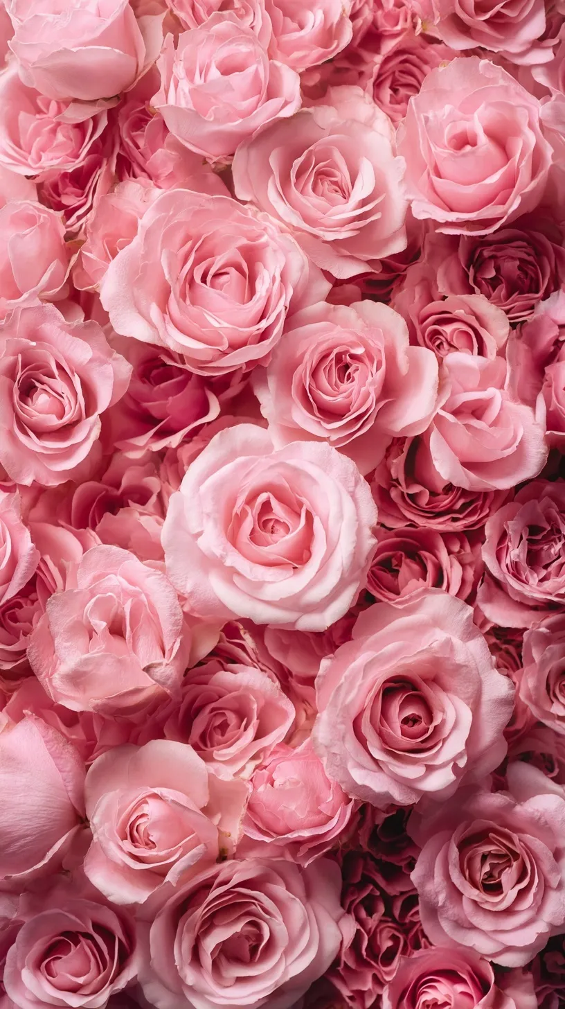 A top-down view of a dense pink rose petal texture with soft natural lighting for a premium 4K mobile wallpaper.