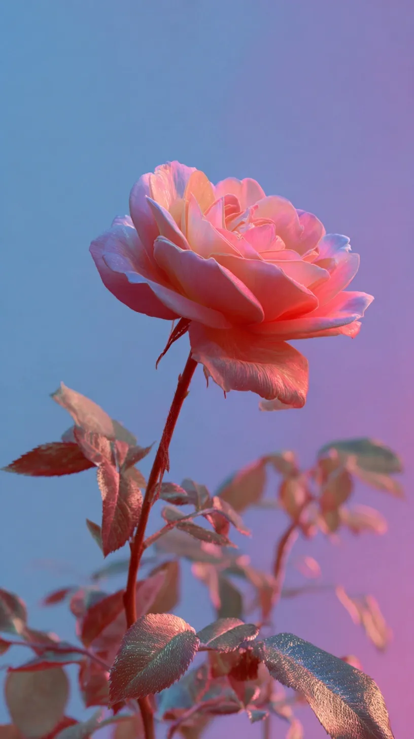 A 4K pink rose mobile wallpaper featuring a 2D collage style with a vibrant gradient sky and floral phyllotaxis.