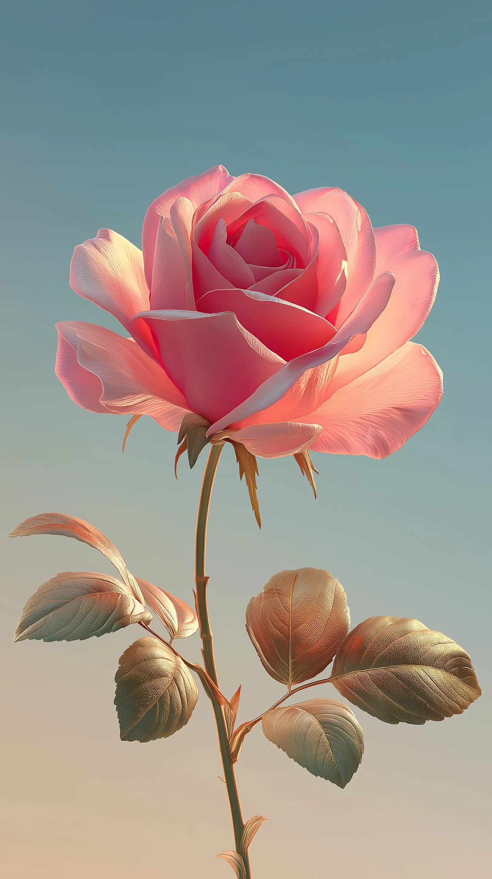 A luxurious 4K pink rose mobile wallpaper with detailed petals on a blue-to-beige gradient background.