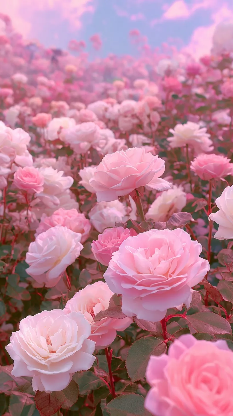 A dreamy field of realistic pink and white roses in a soft pastel aesthetic, high-resolution mobile wallpaper.