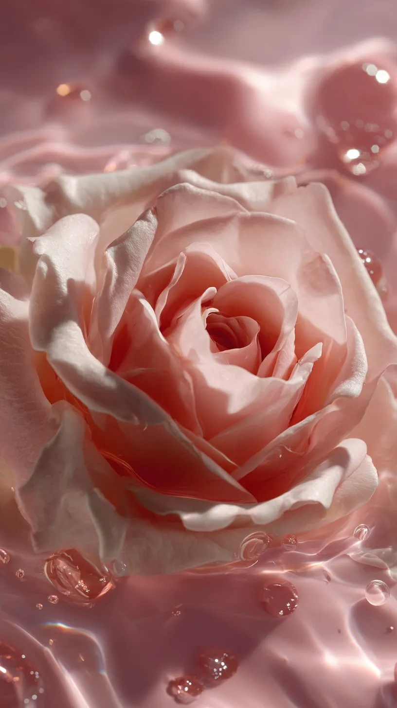 Top-down macro shot of a vibrant pink rose with spiral petals on a strawberry milk background, 4K mobile aesthetic.