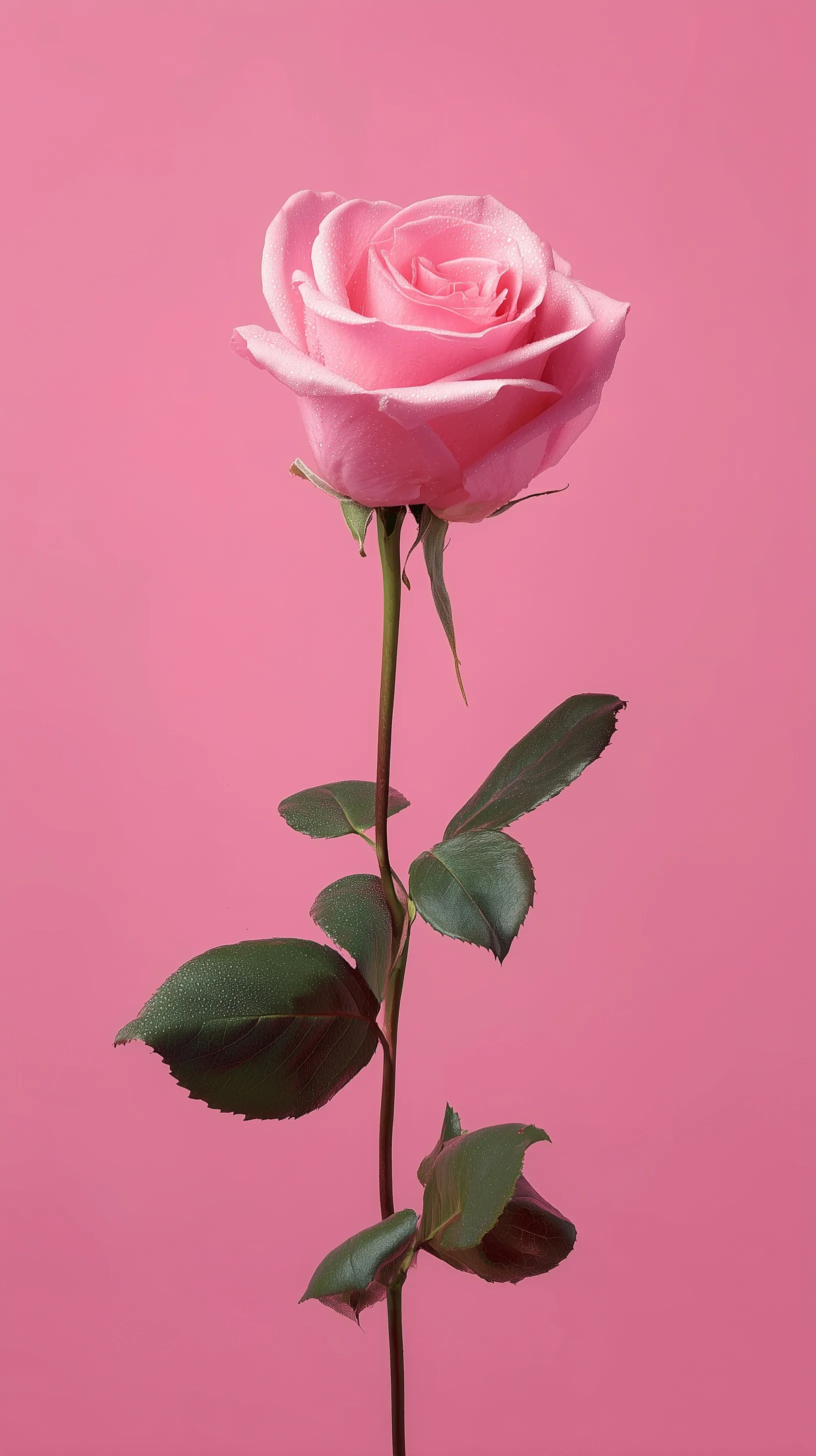A beautiful pink rose centered on a matching soft pink background, high-resolution floral aesthetic.