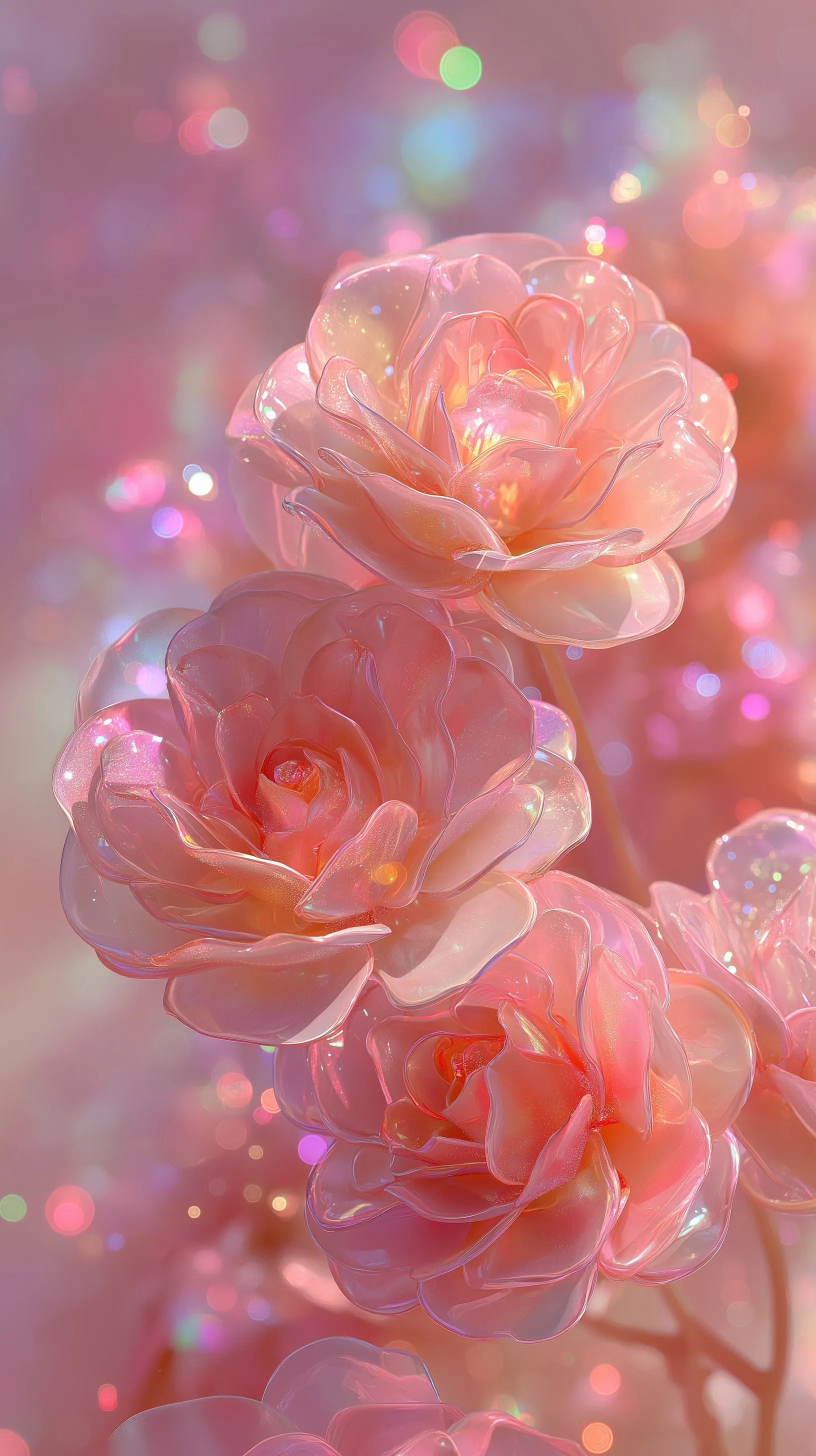 Glowing iridescent pink glass roses with soft bokeh and magical sparkles in a dreamy, ethereal 4K field.