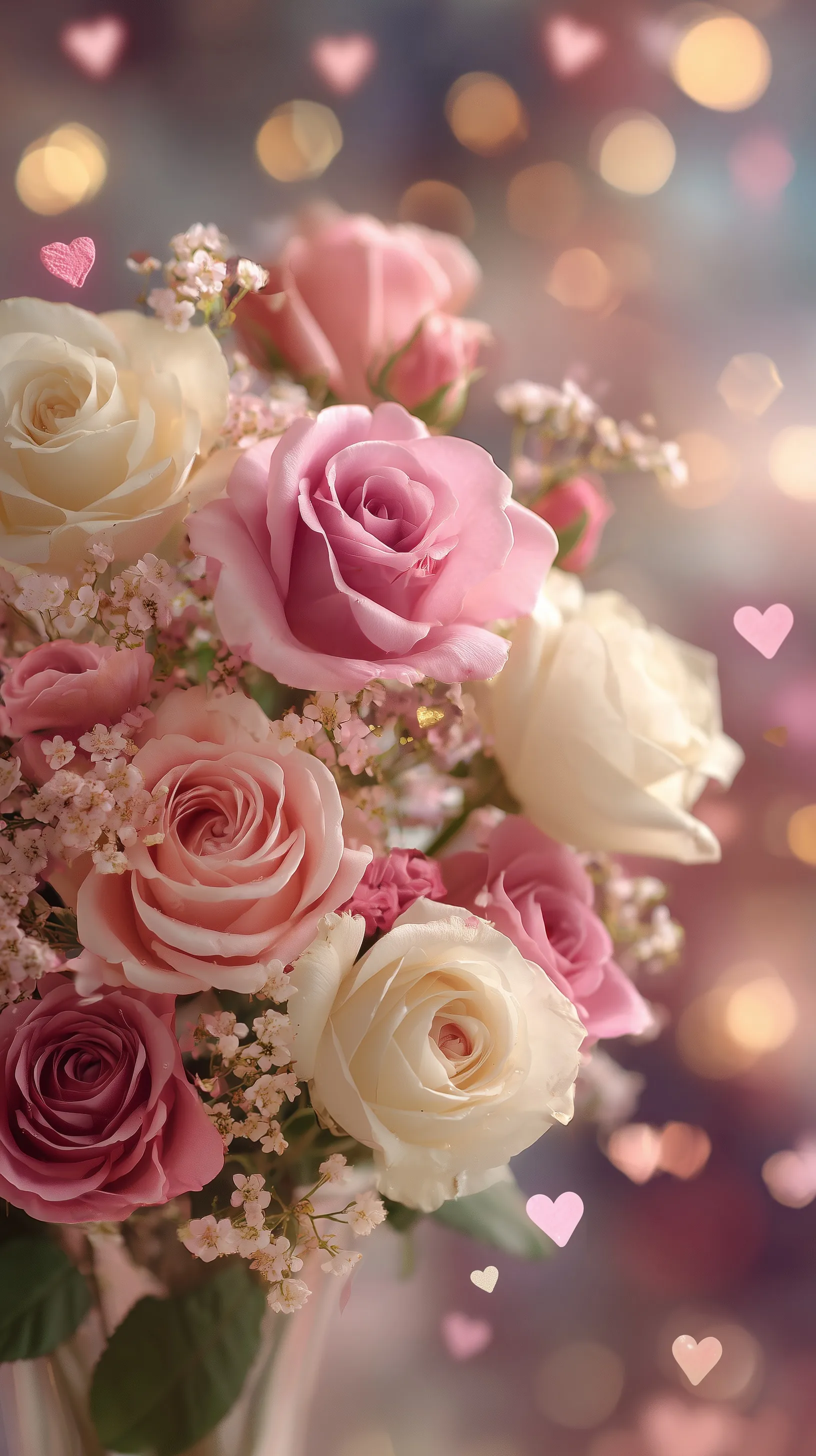 Soft-lit pink and white roses with glowing bokeh and heart patterns, perfect for a romantic 4K mobile wallpaper.