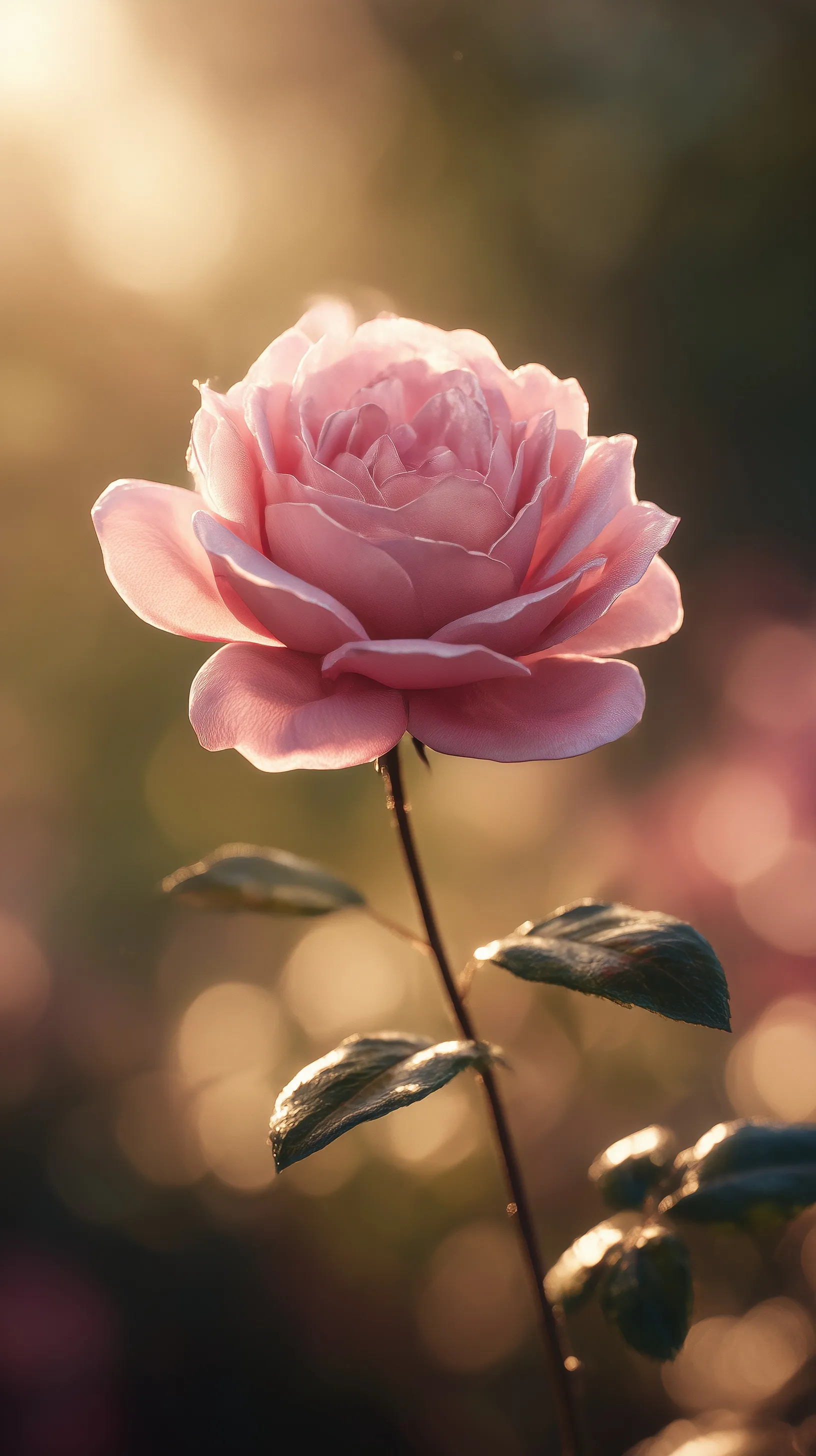 A dreamy close-up of a pink rose backlit by golden hour sunlight with a soft bokeh background in 4K resolution.