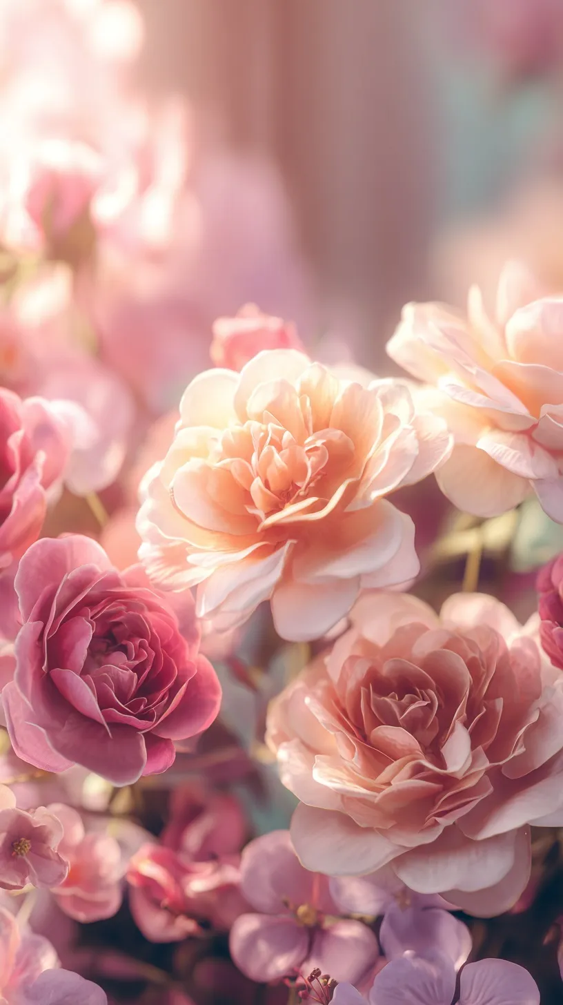 A 4K vertical mobile wallpaper of a sunlit pink rose in a garden with soft-focus flowers and warm cinematic light.