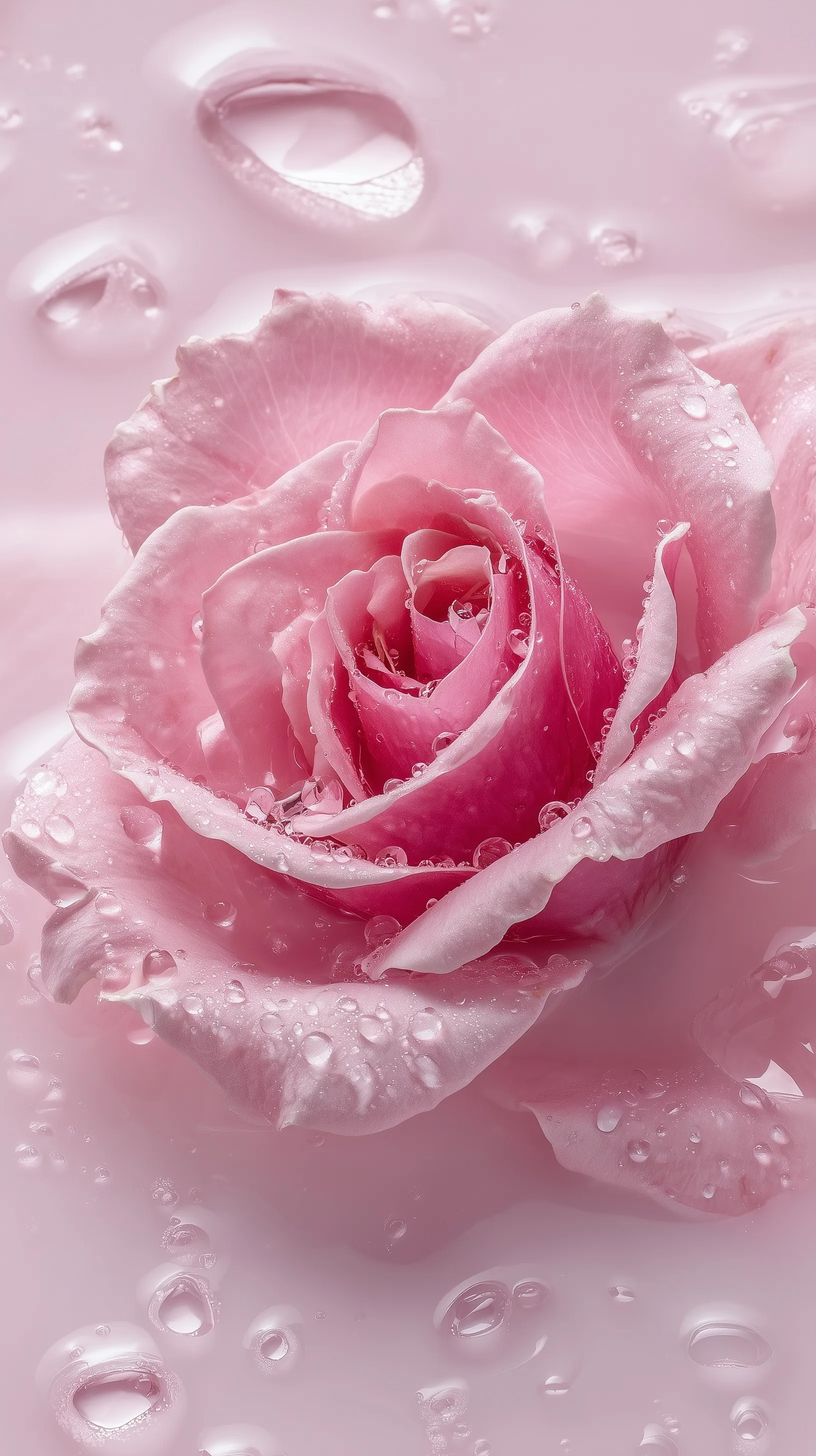 A vibrant pink rose floating on water with clear dew drops, high-key macro photography for mobile wallpaper.