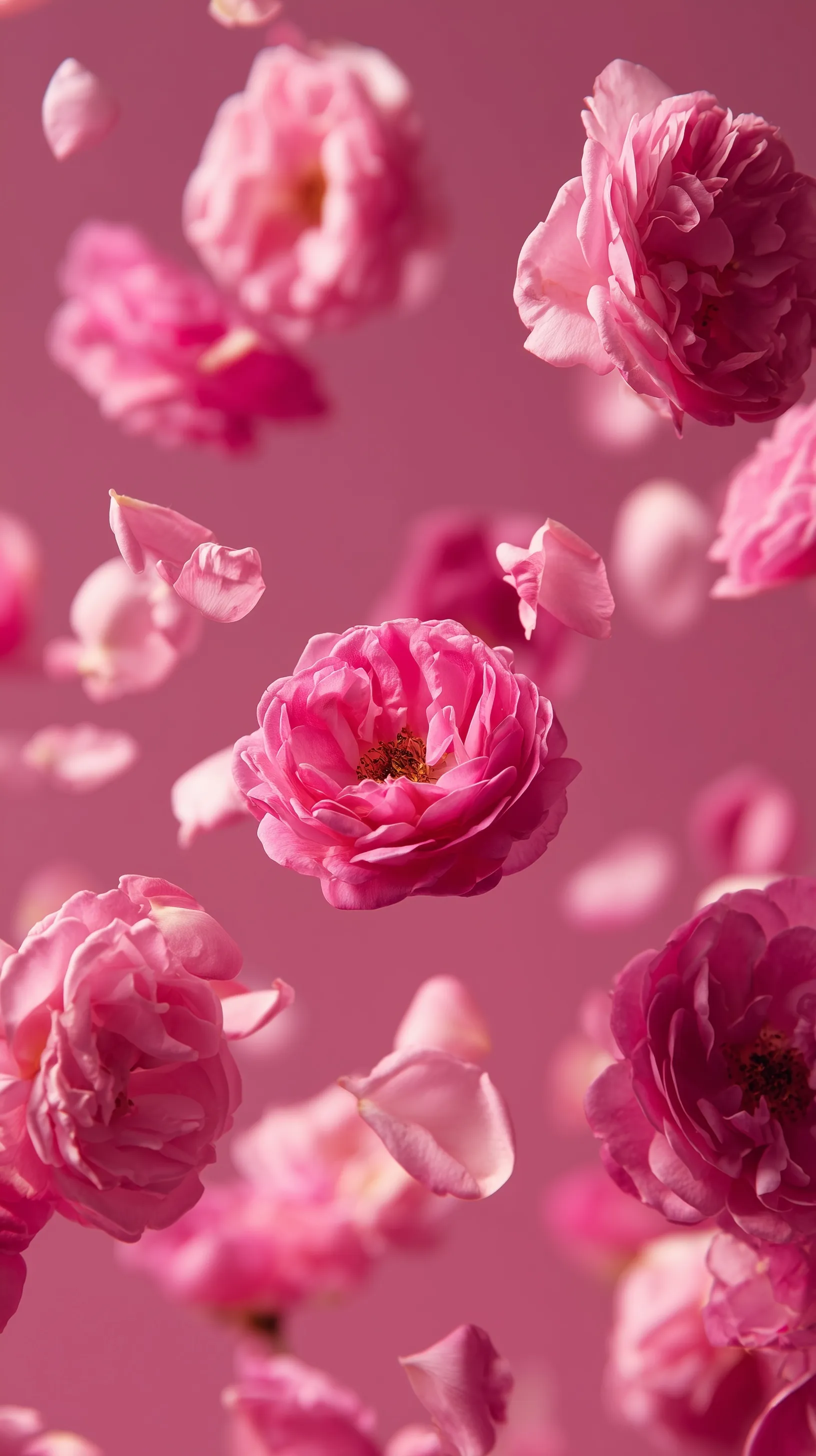 Flying pink rose blossoms in a high-quality 4K floral composition for mobile wallpapers.