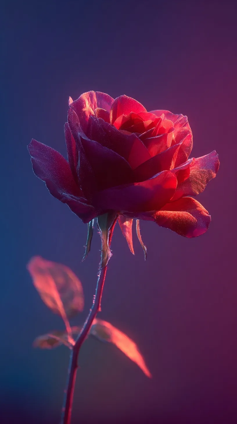 A single pink rose with frosted glass effect and neon lighting against a dark futuristic background in 4K.