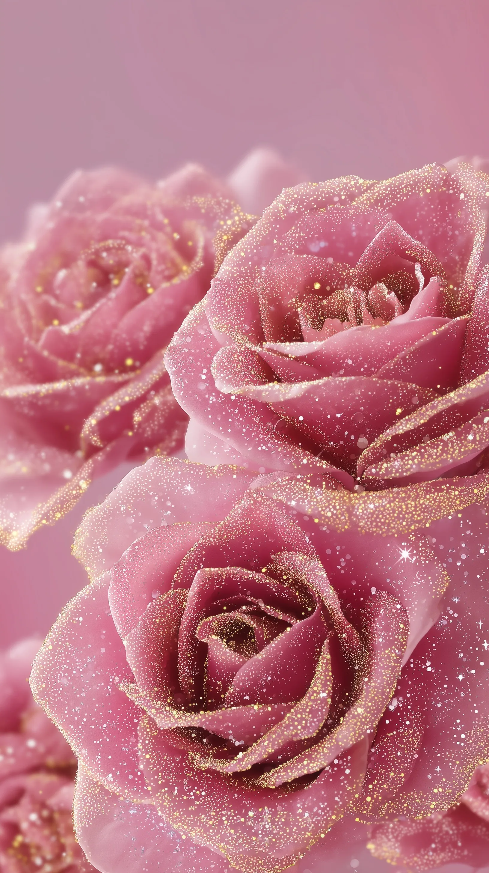A 4K mobile wallpaper featuring pink crystal roses with golden light accents on a soft pastel pink background.