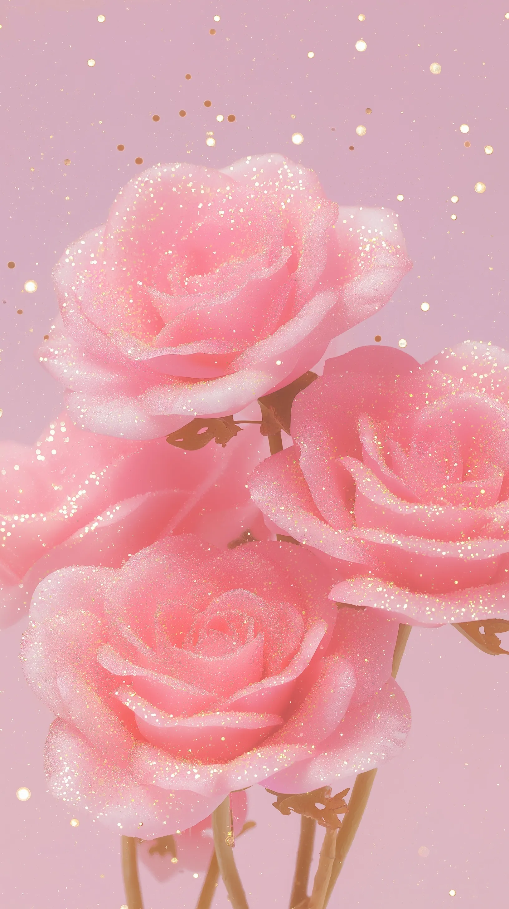 Pink crystal rose mobile wallpaper with golden light accents on a soft pastel background.