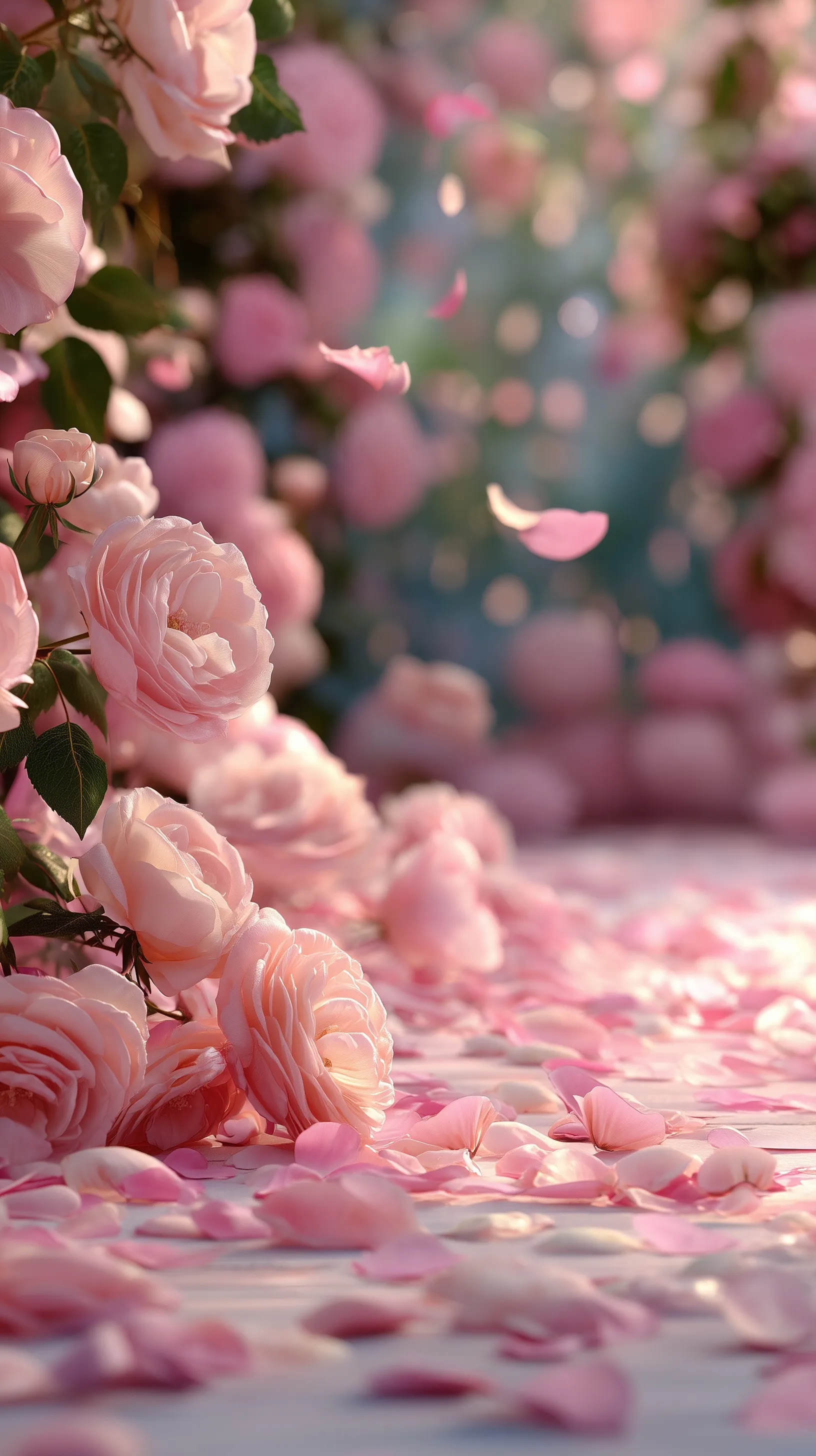 A carpet of soft pink rose petals with a blooming rose wall in 4K resolution.