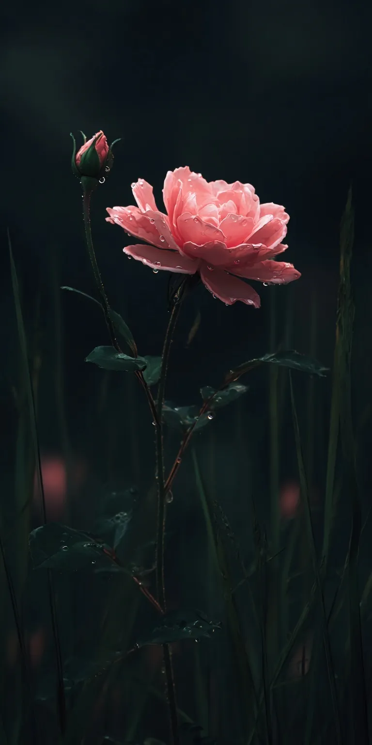A hyper-realistic pink rose in a meadow set against a dark, minimal background in 4K resolution.