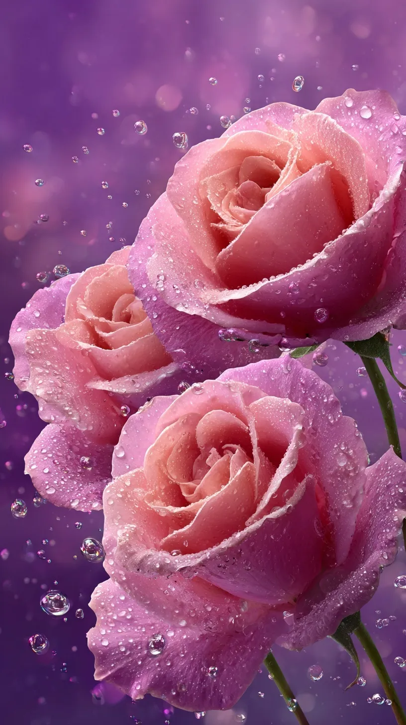 Three hyper-realistic pink roses with dew drops on a purple background for mobile phone wallpaper in 4K resolution.