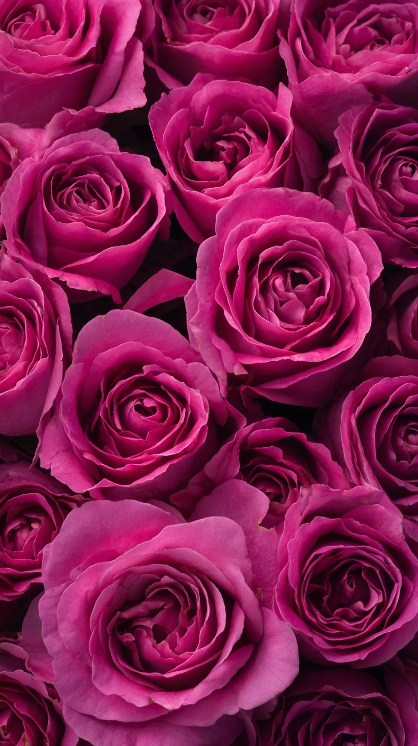 A top-down view of a dense cluster of lush, dark pink roses in full bloom with intricate petal patterns.