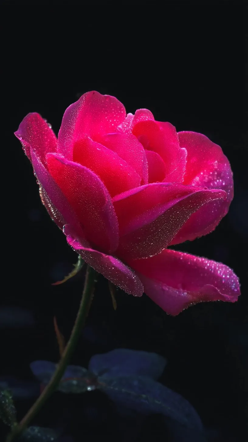 A vivid pink rose with dew drops blooming against a dark black background in 4K resolution.
