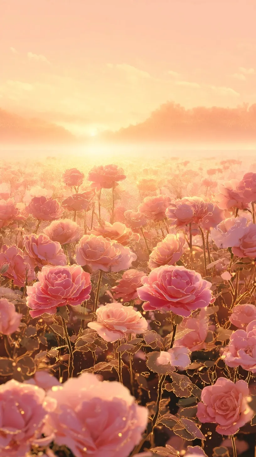 Panoramic sunrise over a dreamy, misty blush-pink rose field in a cinematic Pixar and anime art style.