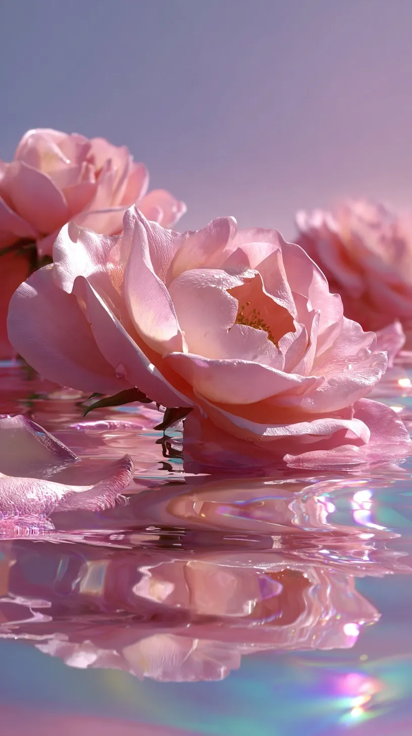 Soft pink rose petals floating on clear water with dreamy light reflections and gentle ripples in 4K resolution.