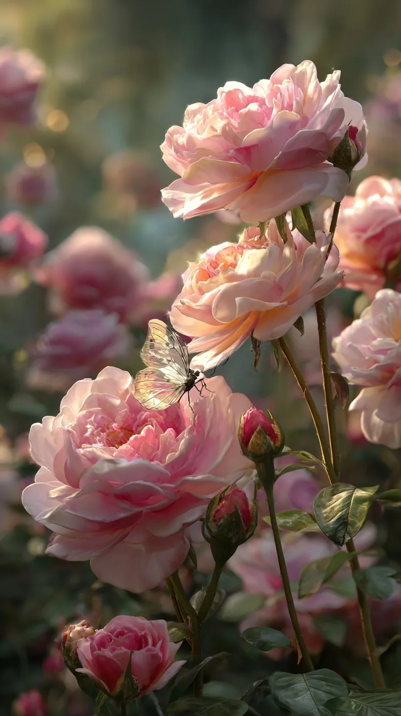 Photorealistic 4K mobile wallpaper of David Austin pink roses in golden morning sunlight with a butterfly.