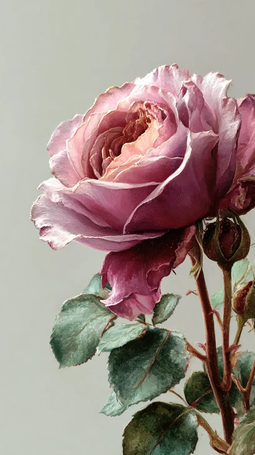 A pastel drawing of a dusty pink rose on a white background with empty space for mobile wallpaper.