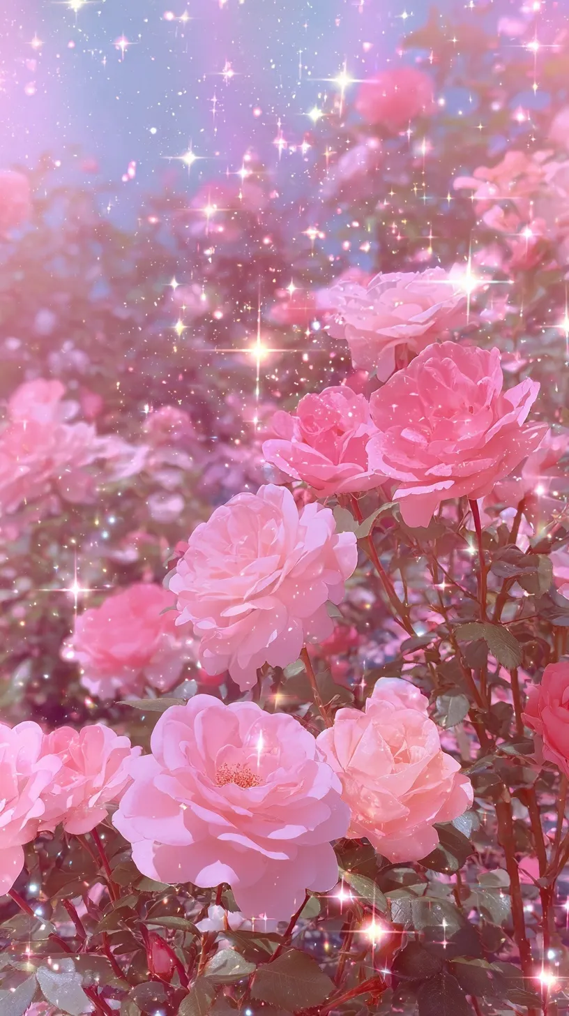 A dreamy manga-style 4K mobile wallpaper featuring an endless pastel pink rose garden with glowing sparkles.