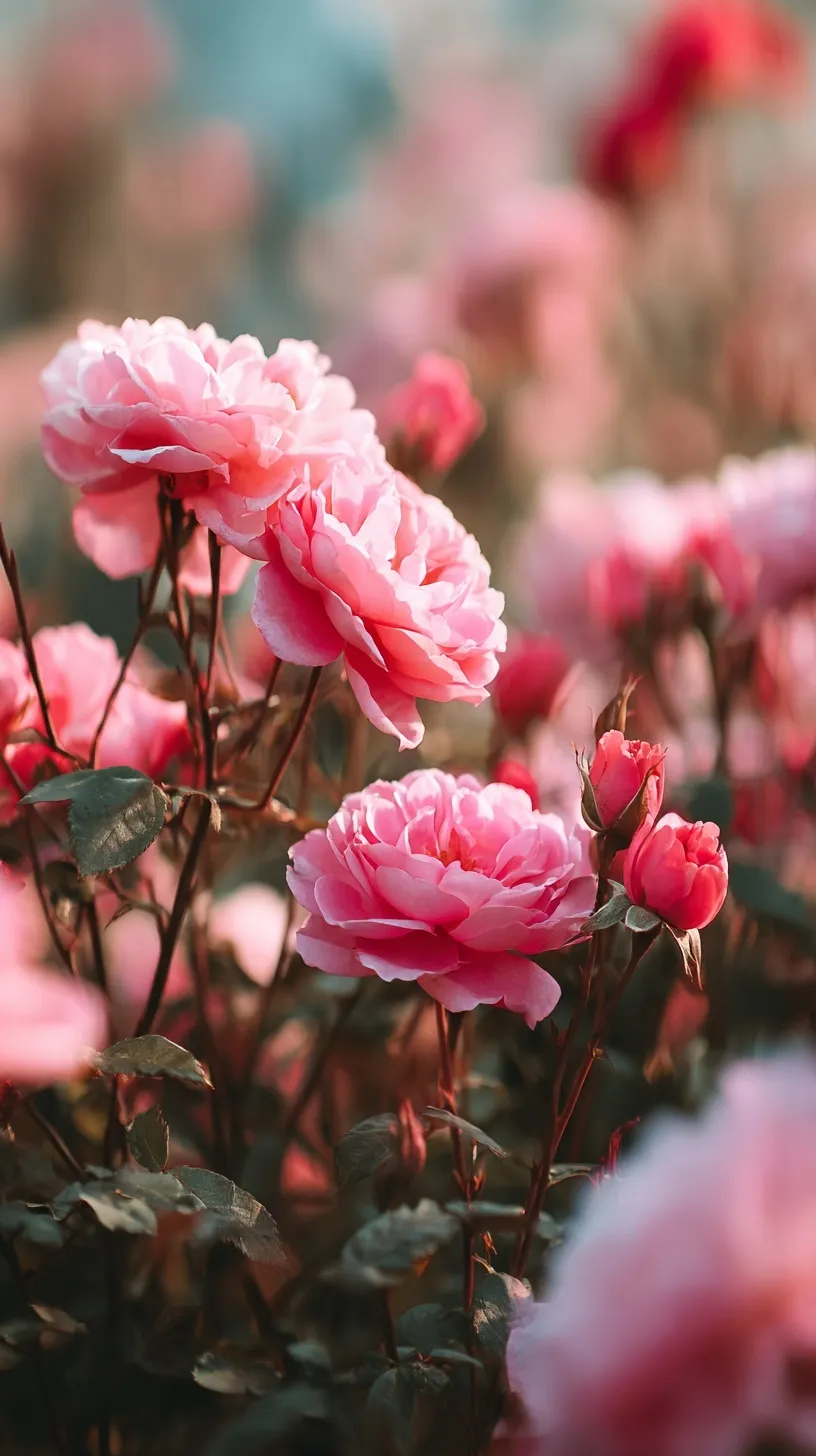 A photorealistic macro shot of a pink rose in full bloom with strong stems and a soft, blurred bokeh background.