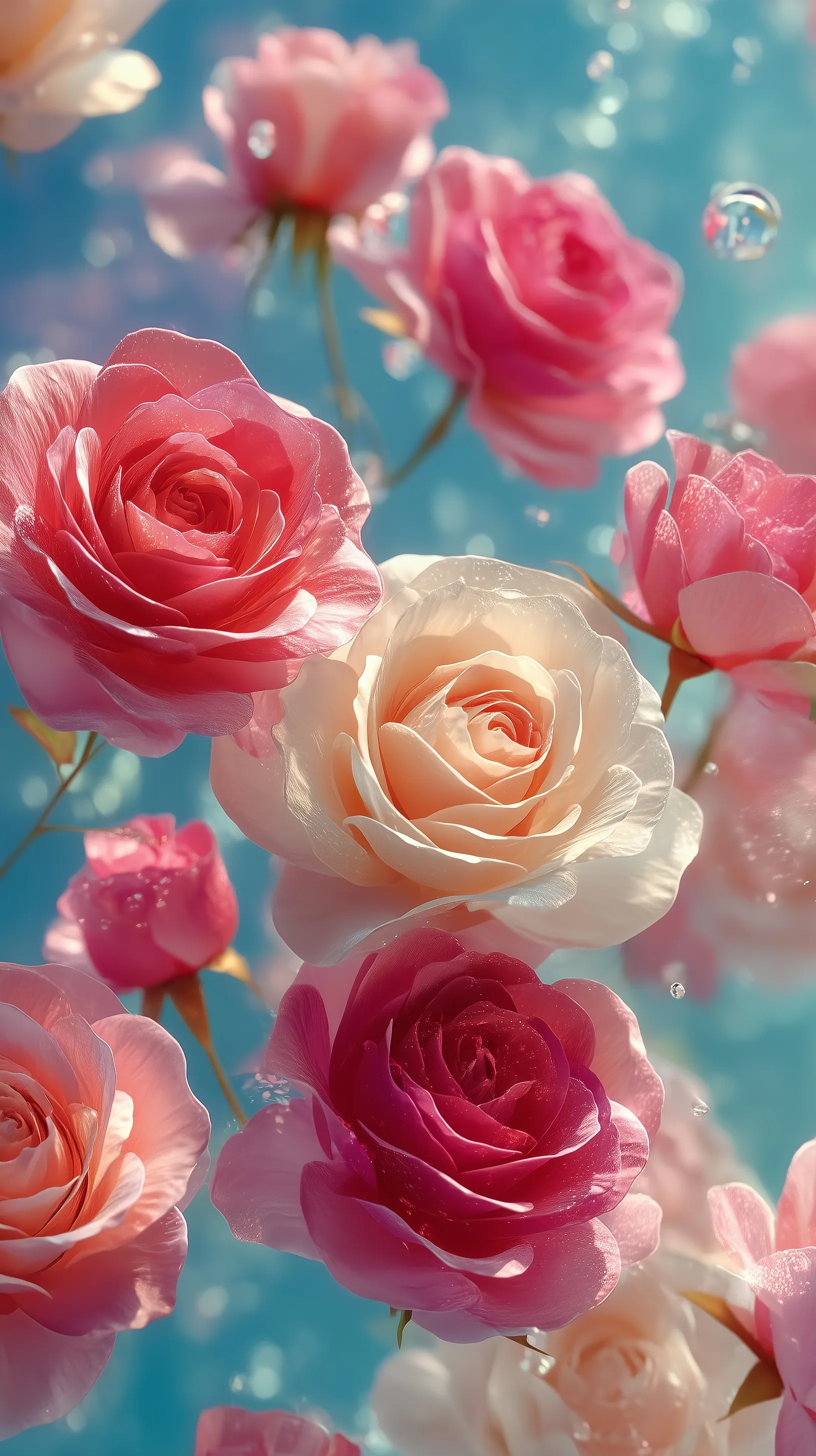 Floating realistic pink and white roses with delicate petals against a bright pastel blue sky, 4K mobile wallpaper.