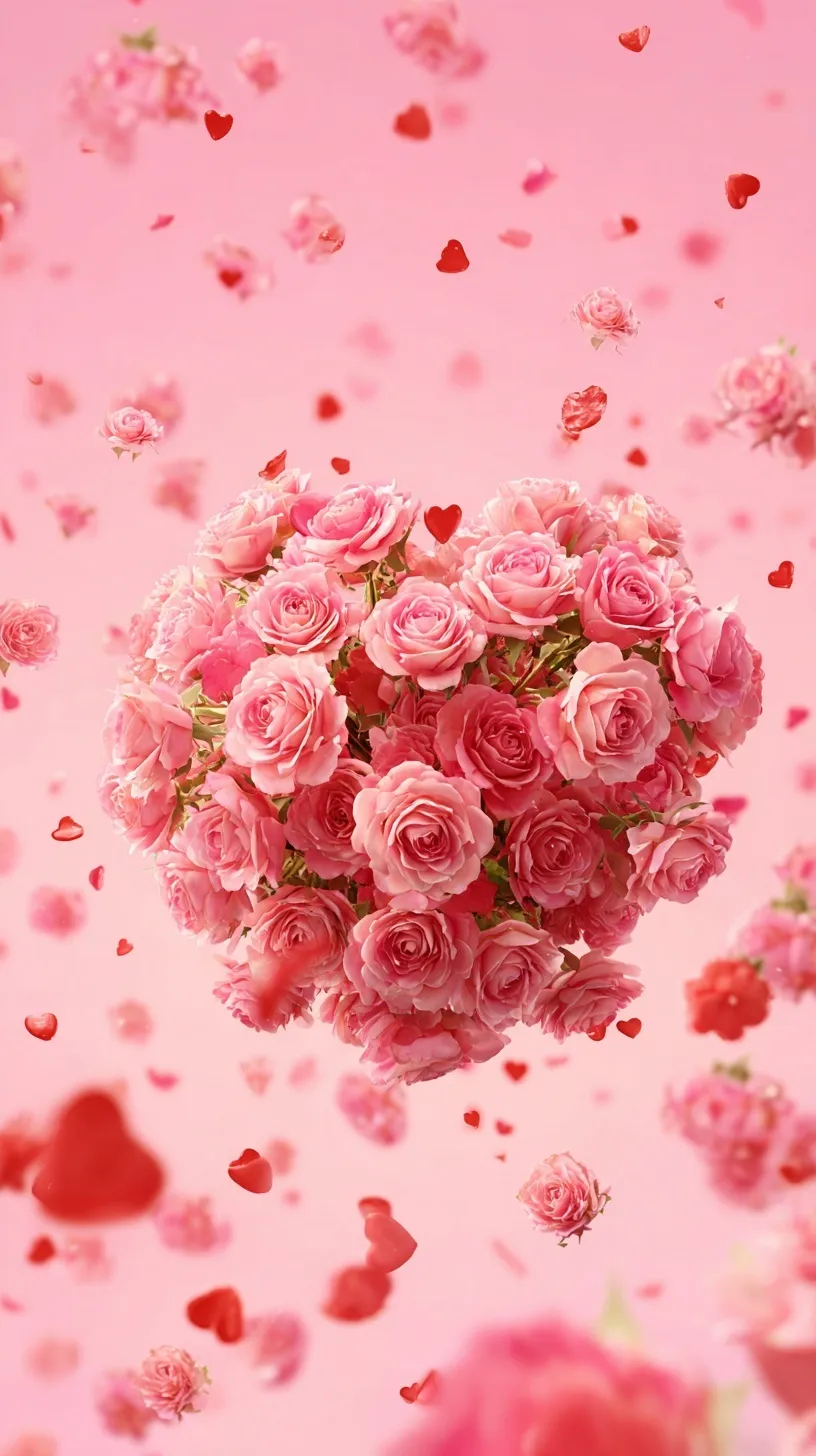 A romantic pink heart-shaped rose bouquet with floating hearts, perfect as a 4K mobile wallpaper for Valentine's Day.