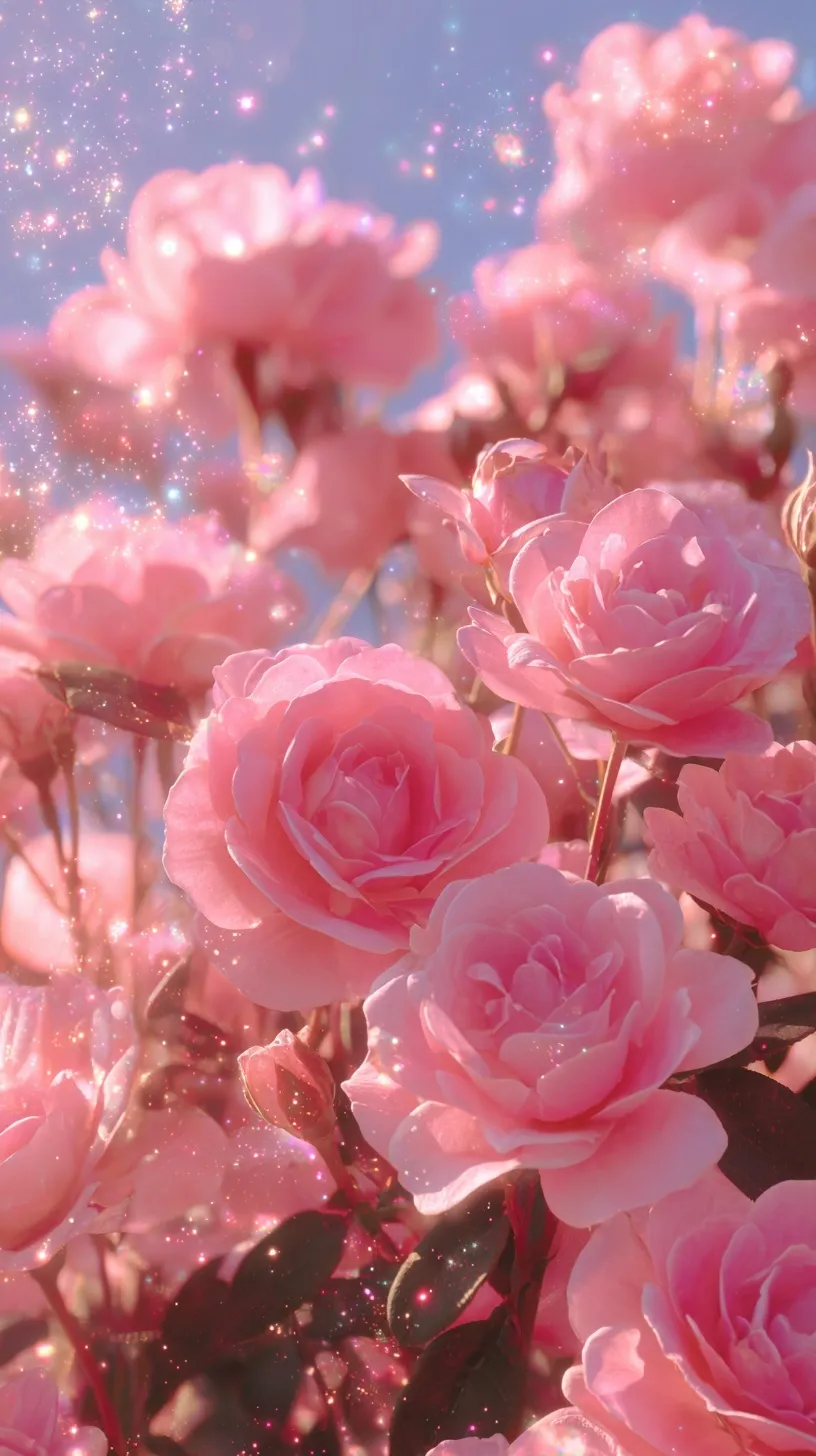 A photorealistic 4K mobile wallpaper featuring beautiful pink roses in full bloom under magical, dreamy sunlight.