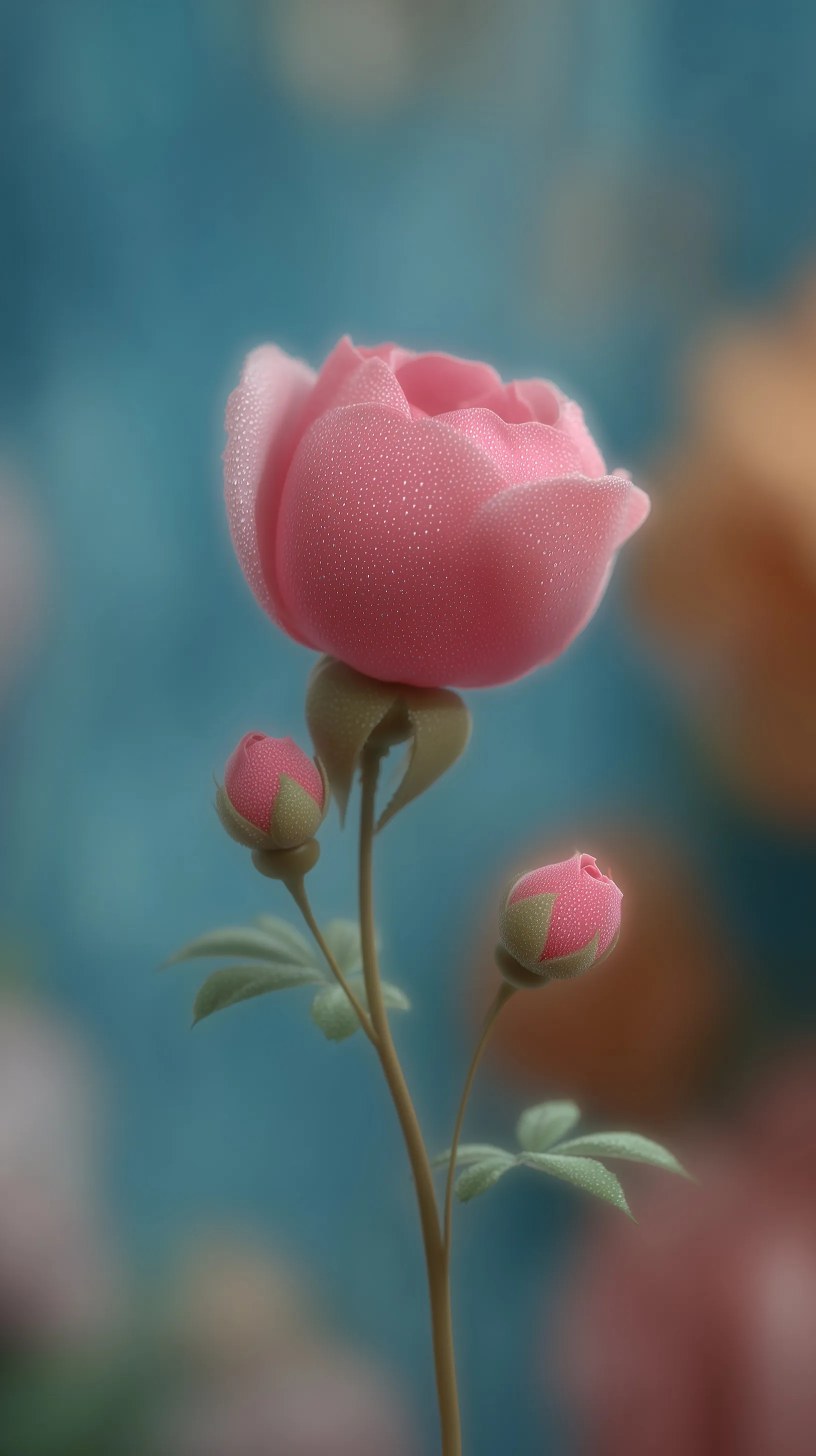 A hyper-realistic macro shot of a dewy pink rosebud blooming with glistening water droplets in soft morning light.