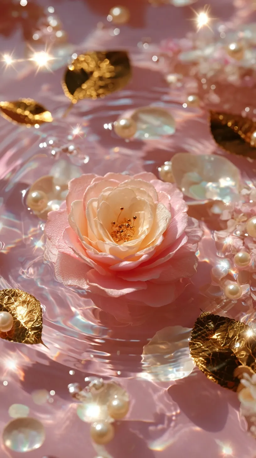 Pink rose mobile wallpaper with golden petals, pearls, and glowing water ripples in a dreamy 4K aesthetic.