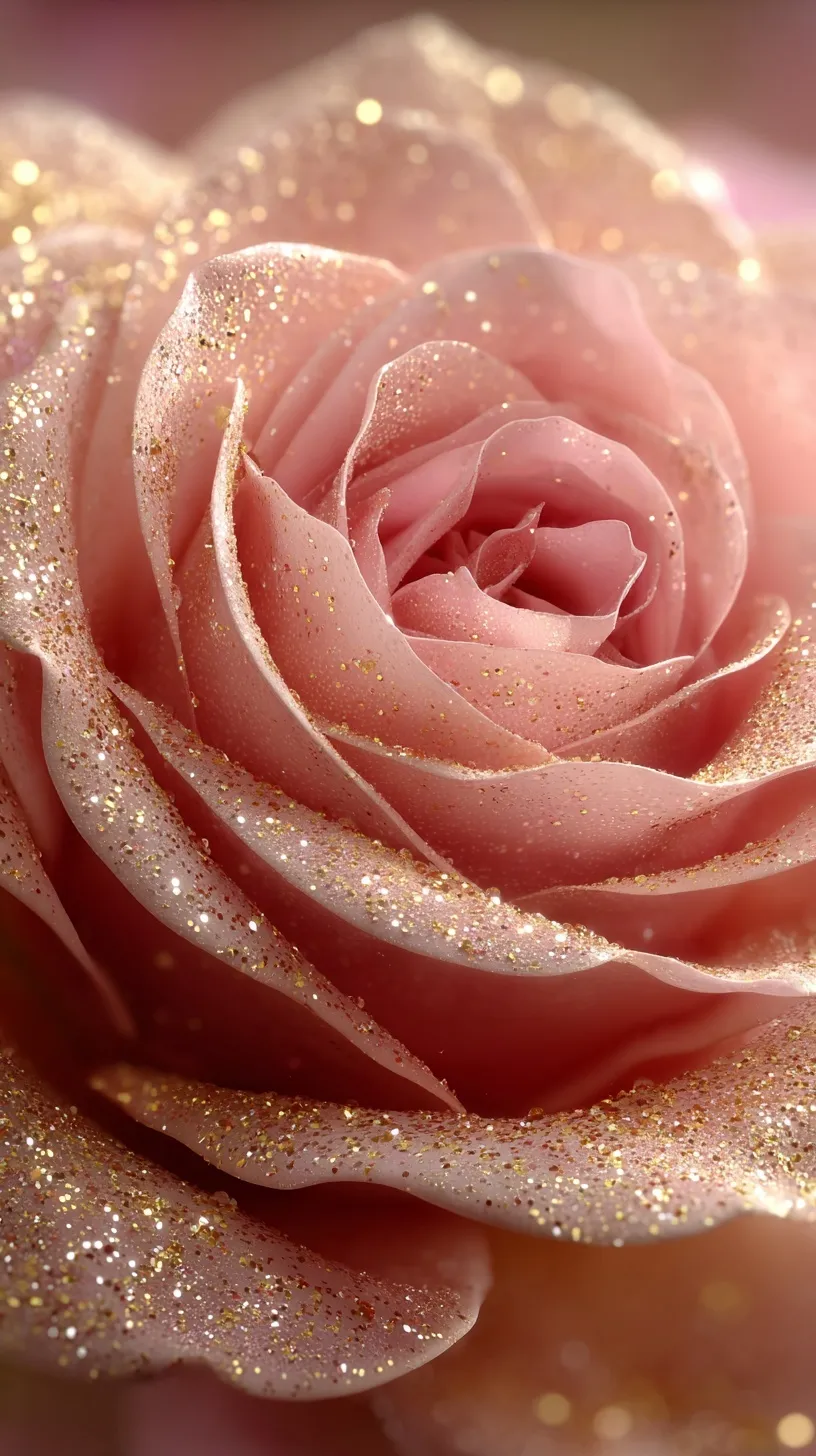 Minimalist vertical 4K pink rose wallpaper with a glowing champagne gradient and festive Christmas ornament detail.