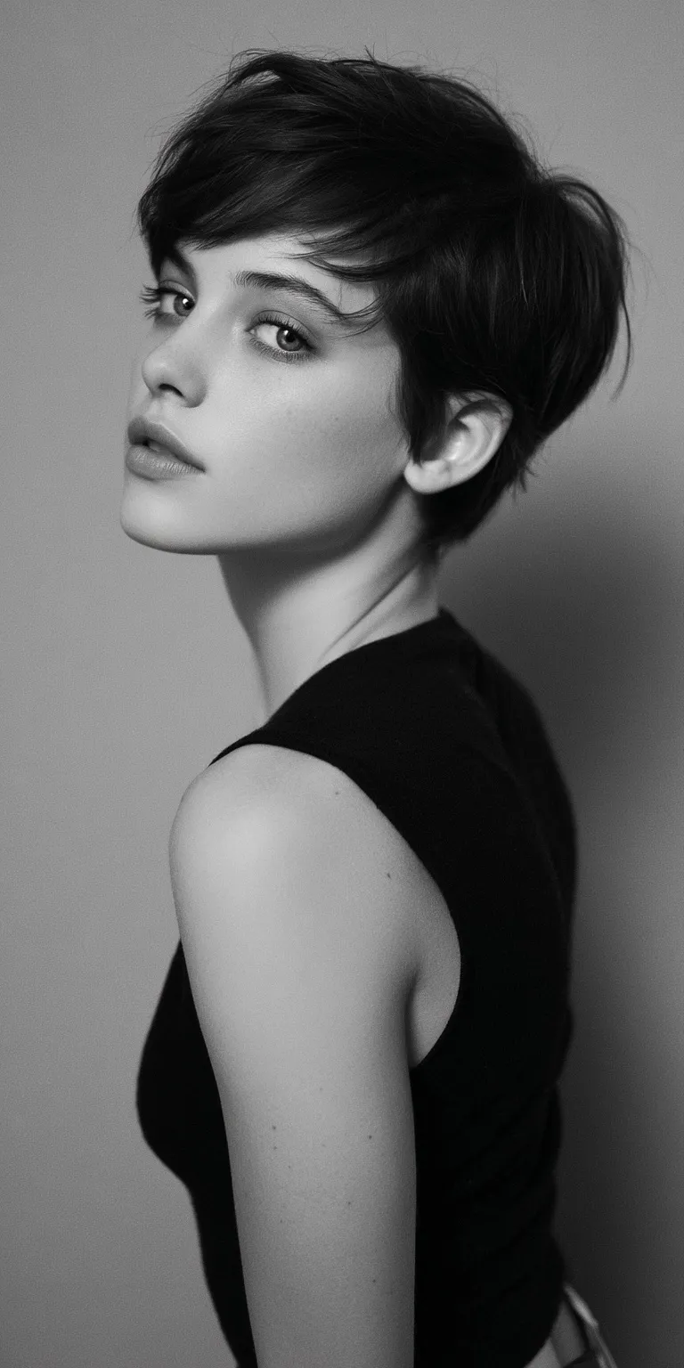 A stylish woman with a trendy, short boyish pixie cut hairstyle posing confidently.