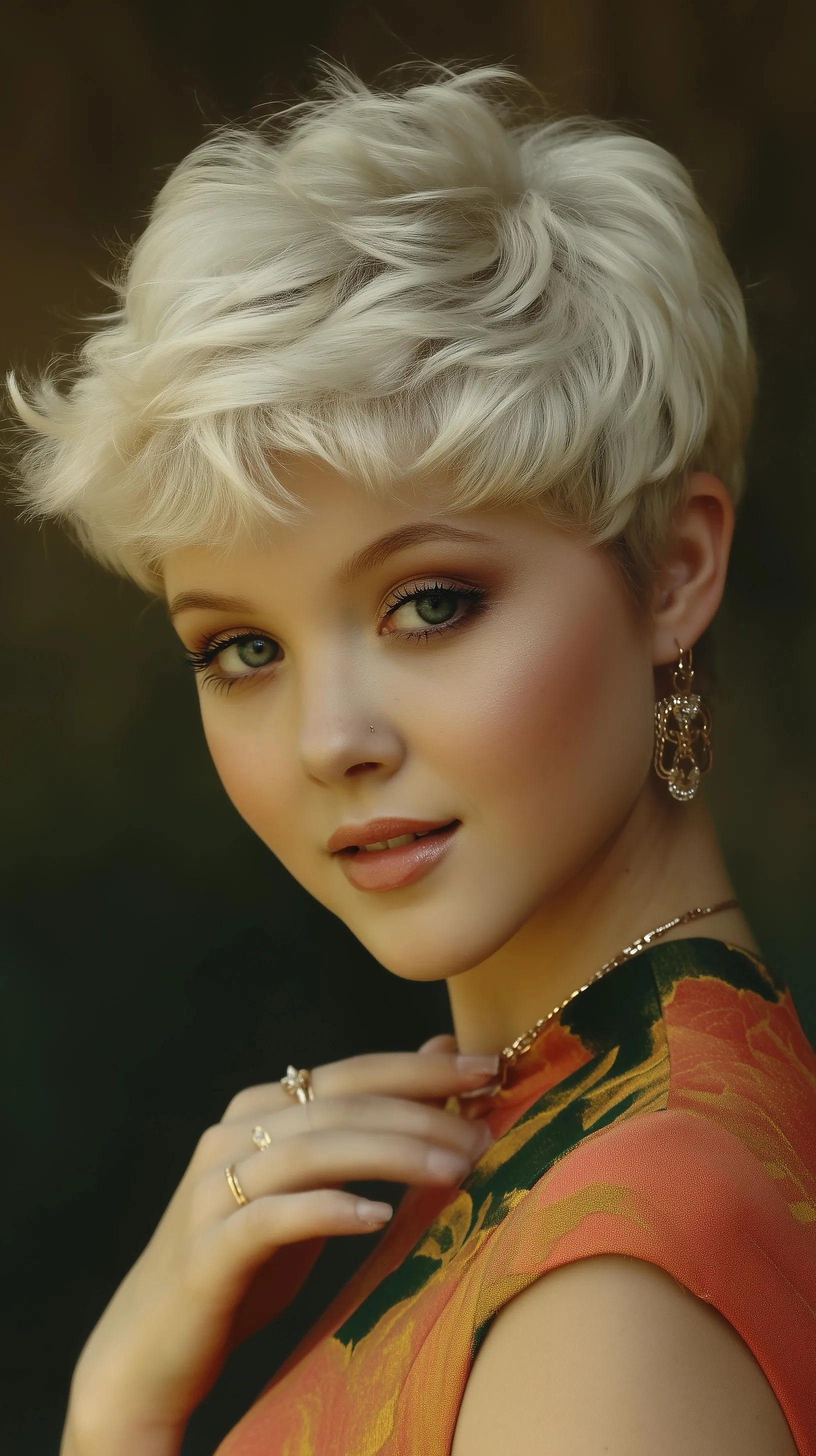 A beautiful teen with a modern white pixie cut hairstyle standing outdoors in an elegant, stylish outfit.
